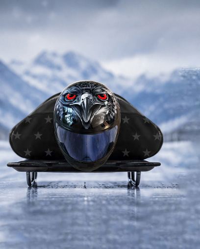 Dan Barefoot's skeleton sled and eagle helmet on the ice